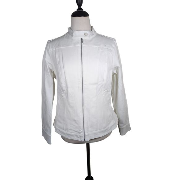 Isaac Mizrahi Size 8 White Denim Zip Front Motorcycle Style Jacket Stretch - Picture 1 of 7